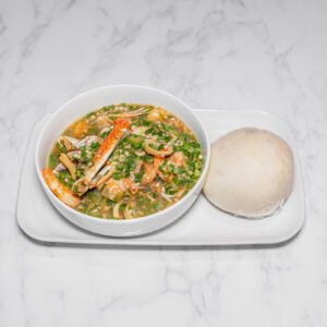 Poundo with Ila Asepo (Okro) soup garnised with Assorted Protein